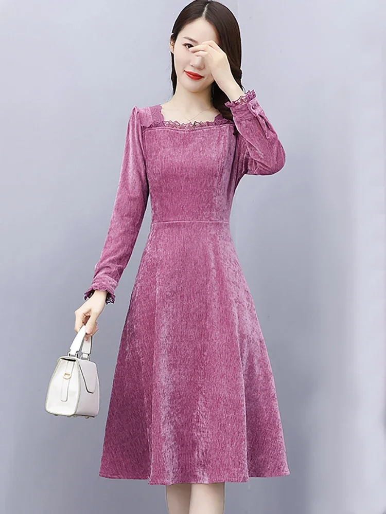 Autumn Winter Corduroy Vintage Midi Vestidos Women Long Sleeve Chic Lace Sqaure Collar Dress 2024 Elegant Festival Party Dress