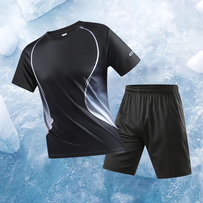 

[2024 New Set] Quick drying ice silk sports quick drying set shorts short sleeved set round necked men's cross-border summer run
