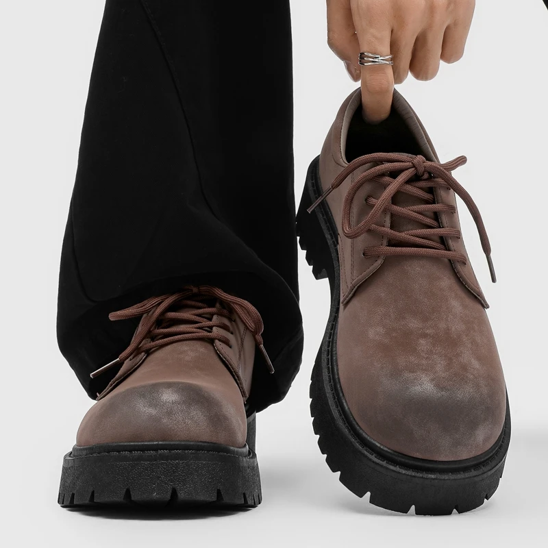 English-style Retro Platform High-top Derby Shoes for Men, Adding Height with American-style Workwear Leather Shoes