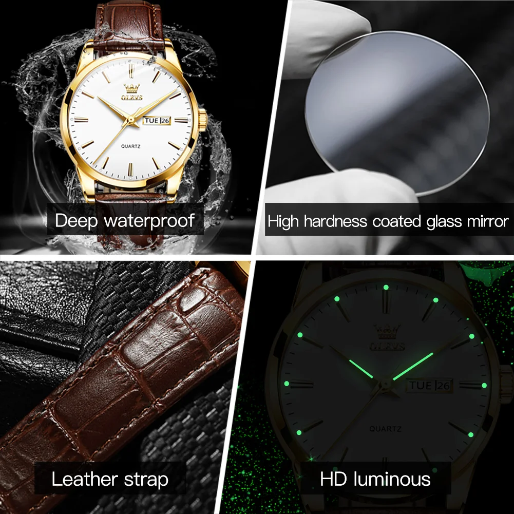 OLEVS Top Brand Men Classic Quartz Waterproof Watch Leather Strap Business Popular Casual Watch for Man Original Luminous Clock