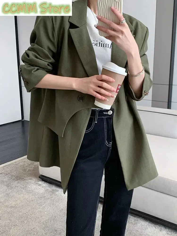 Women Green Irregular Big Size Casual Blazer New Lapel Long Sleeve Loose Fit Jacket Fashion Spring Autumn