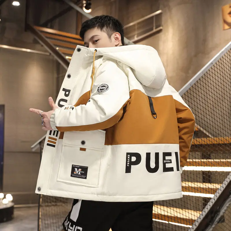 

Korean Sle Fce Lined Jaet for Teenage Boys Casual Loose Warm Faionable Polyester Long Sve Hooded Coat