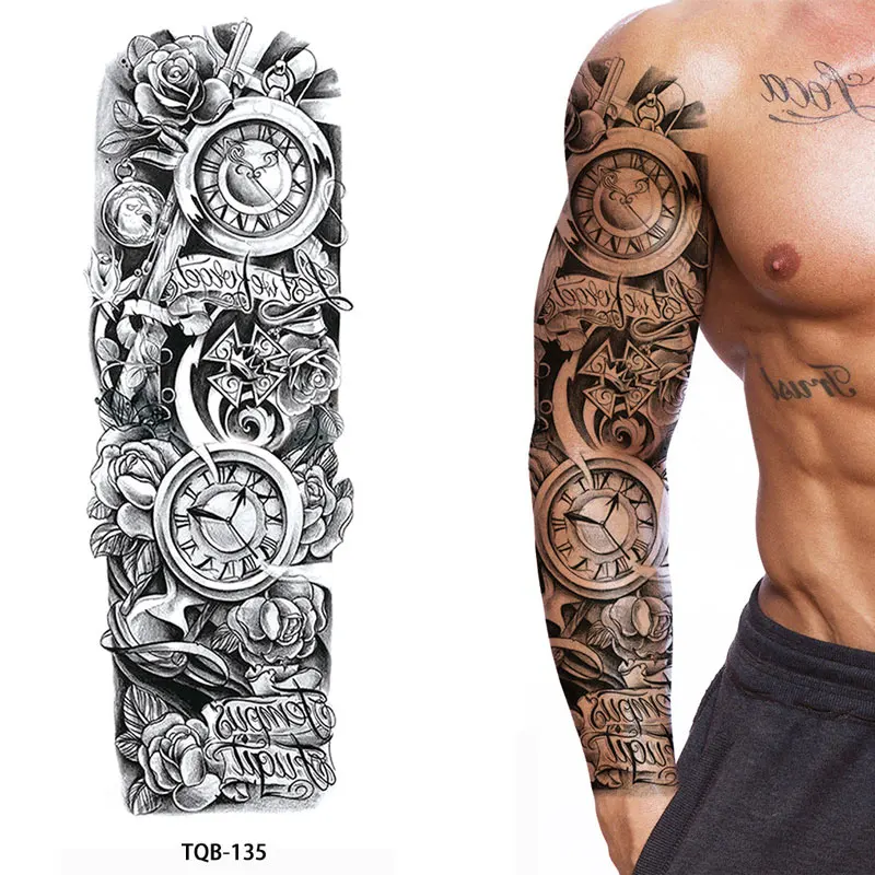 Waterproof Temporary Tattoo Stickers Clock Eye Large Arm Tattoo for Men Women Tiger Animal Fake Tatoo Sleeve