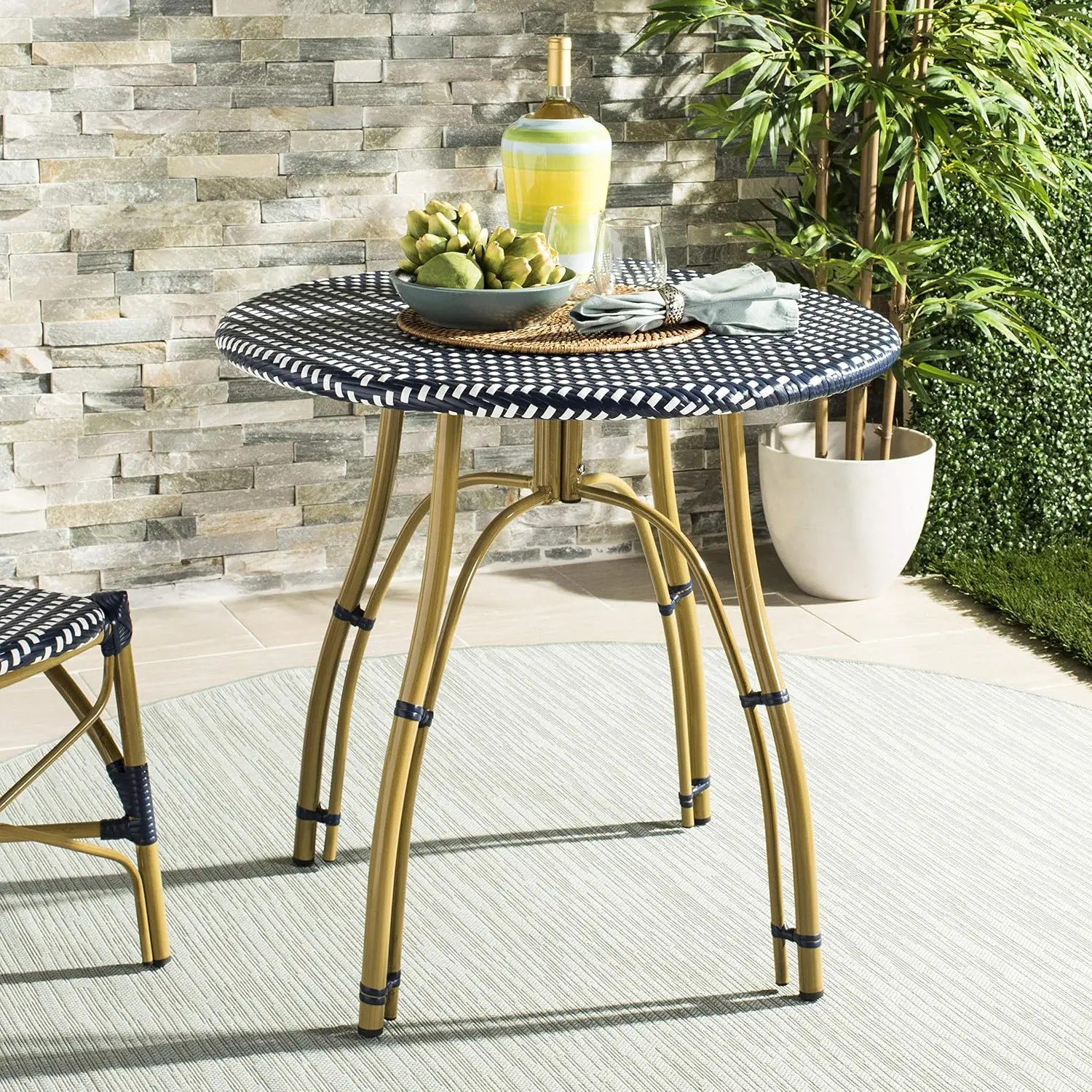 Outdoor - Bistro Side Table - Navy & White - Faux Wicker & Aluminum Frame - Parisian Round Bistro Design - Ideal for Patio, Deck, Sunroom, Dining Area, 31.5