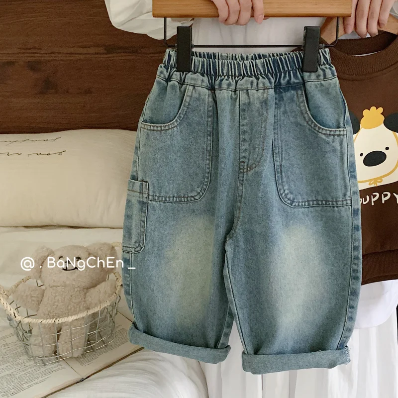 

Children's jeans2024Winter New Multi-Pocket Straight Casual Pants Boys and Girls Stone Washed Fashionable TrousersG0568