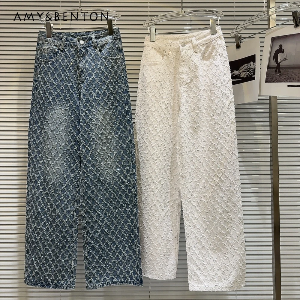 

Spring New Street Fashion Rhinestone Plaid Jacquard Slim Wide Leg Pants Women Retro Hot Girl Baggy Distressed High-Waisted Jeans