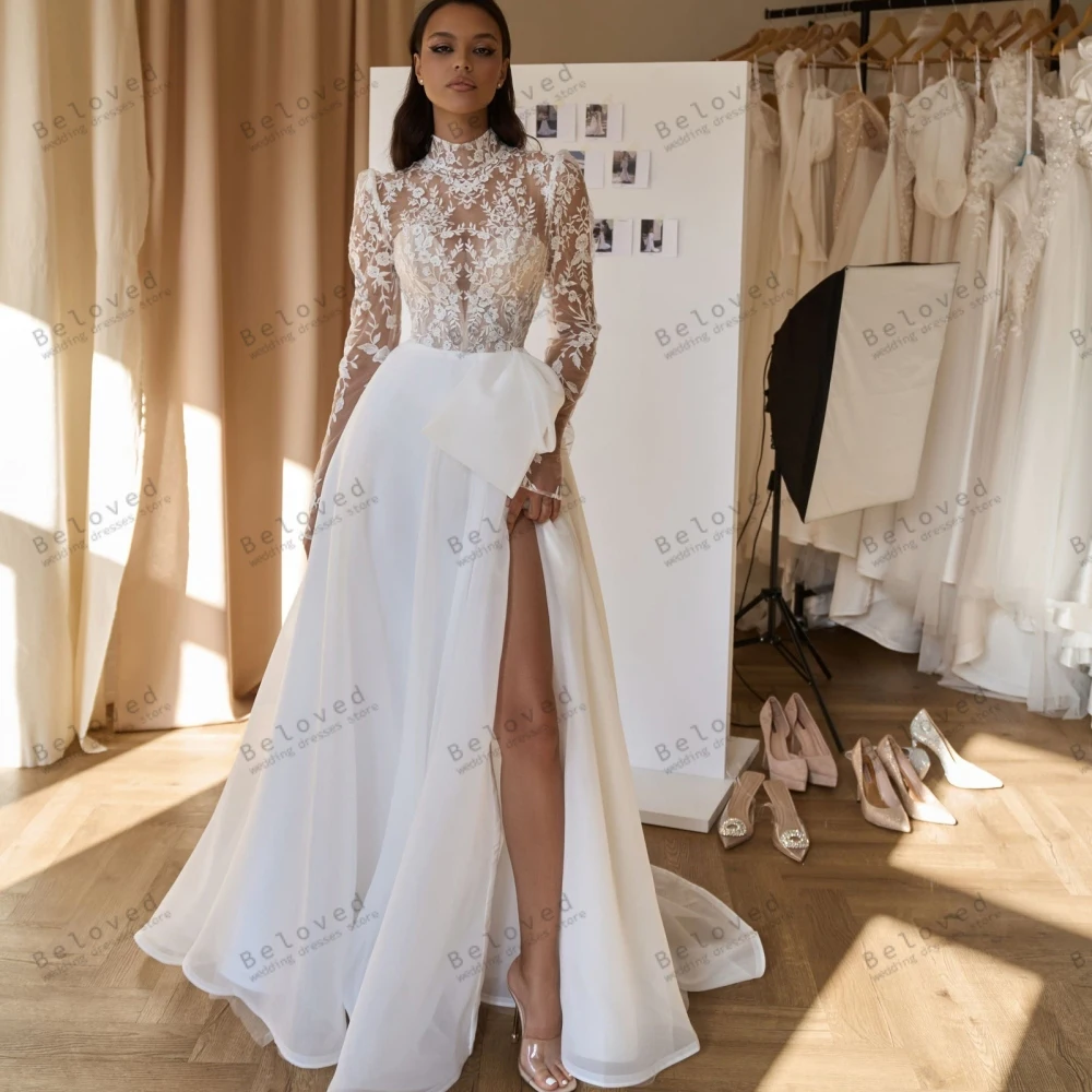 

Gorgeous Wedding Dresses A-Line Bridal Gowns Full Sleeves Lace Appliques Satin Robes For Formal Party Elegant Vestidos De Novia