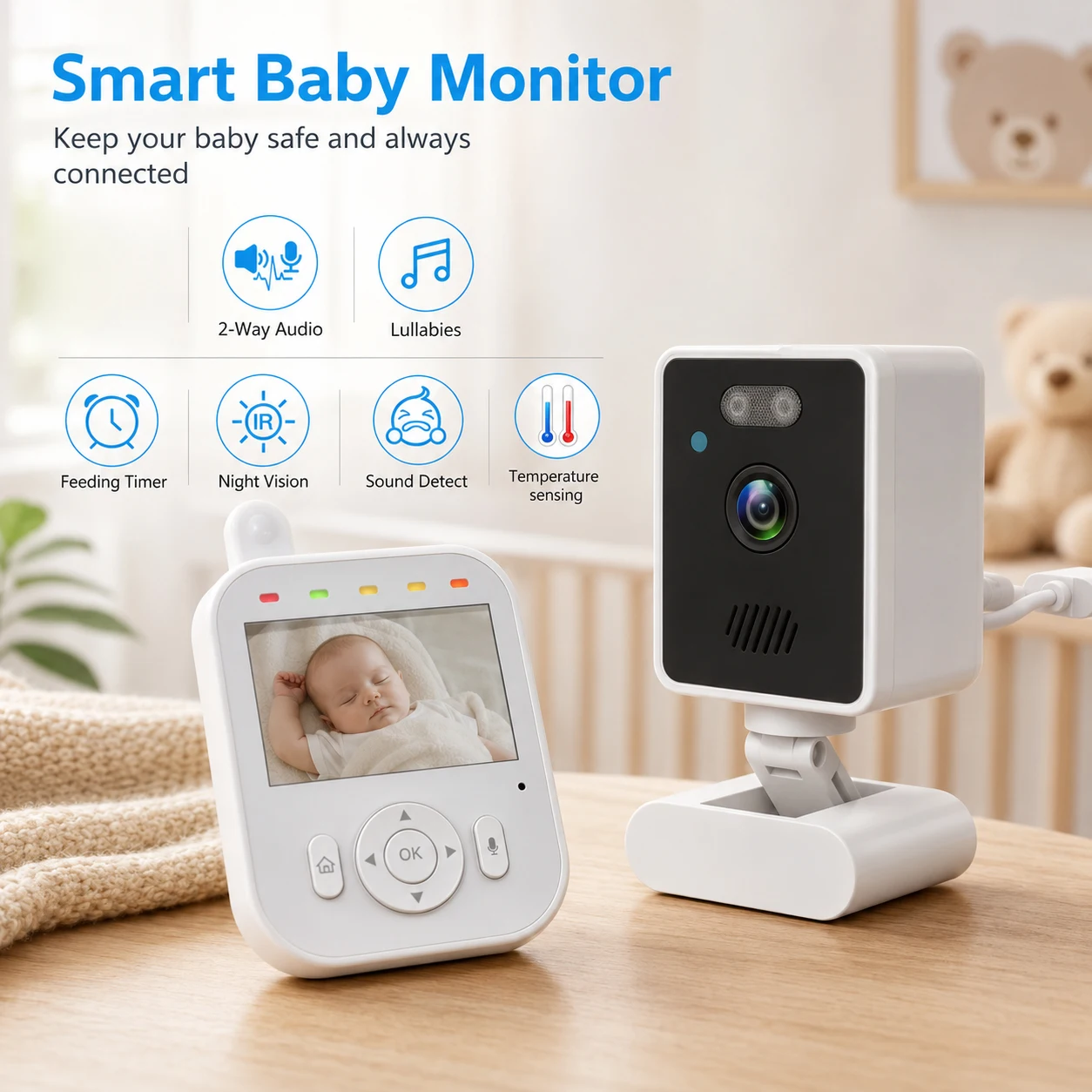 Baby Monitor with 2.8 Inch Digital LCD Screen Wireless Camera Color Night Vision VOX Temperature Monitoring System for Safety
