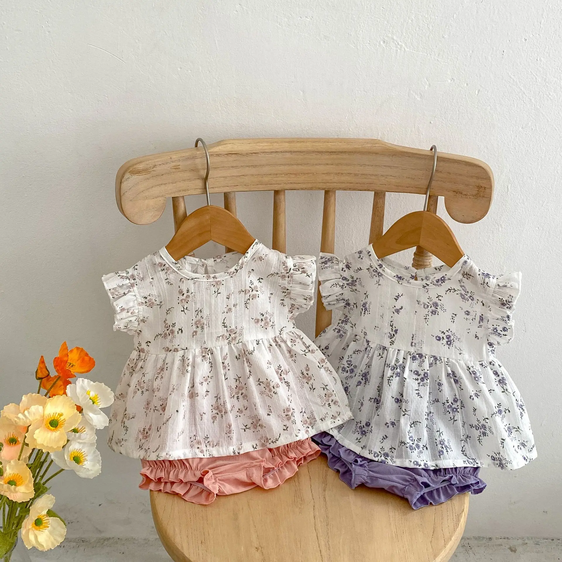 2023 NEW IN Clothing Set 2pcs Summer Kid Baby Girls Fly Sleeve Floral Top T-shirts+solid Color Shorts Infant Toddler Cute Cotton