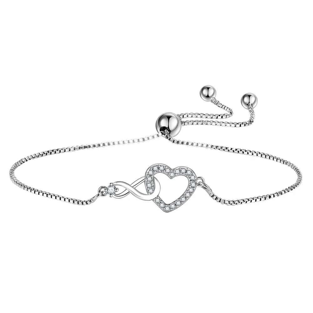 New Female Bracelet 925 Sterling Silver Love Shaped Infinite Zircon Crystal Bead Bracelet for Women Statement Wedding Jewelry