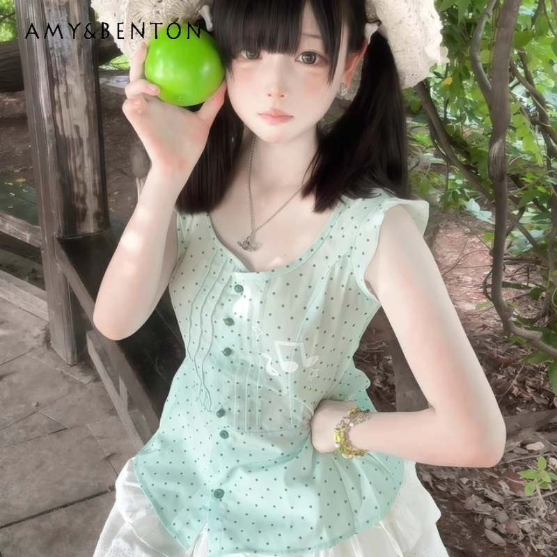 Japanese Green Fresh Cute Polka Dot Sleeveless Women's Shirt Original 2025 Summer New Design White Cake Short Skirt Sets Ladies