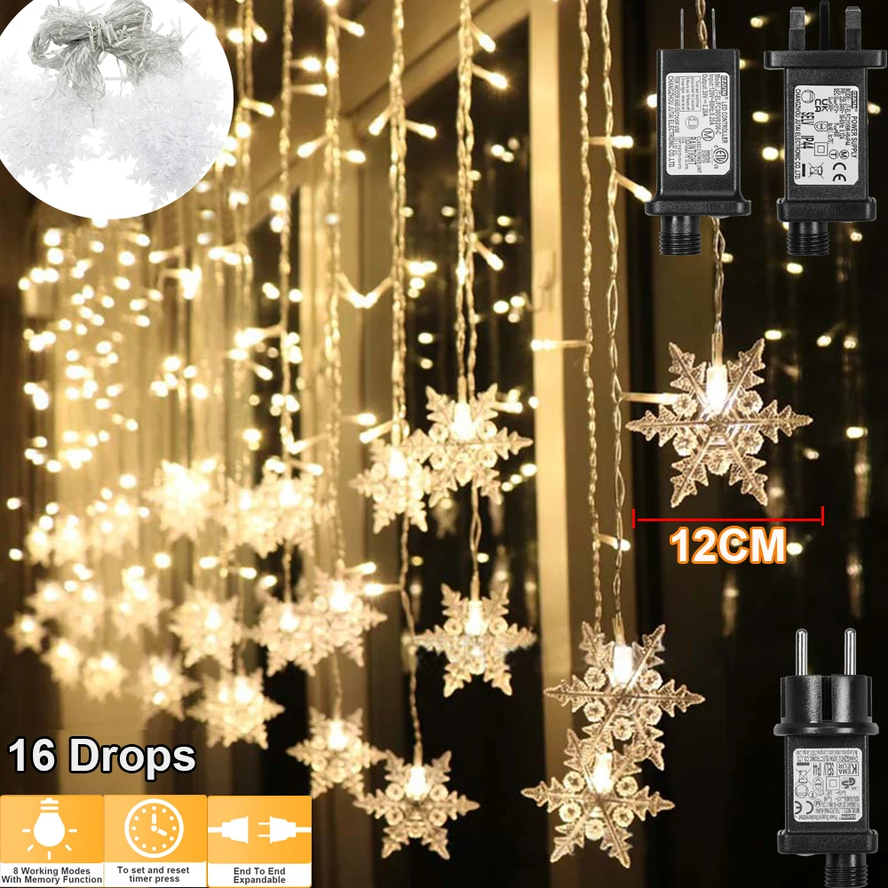 

Memory LED BIG Snowflake Curtain Lights Garland Icicle Fairy String Lights Festoon Window Christmas Decor Holiday Lighting Party