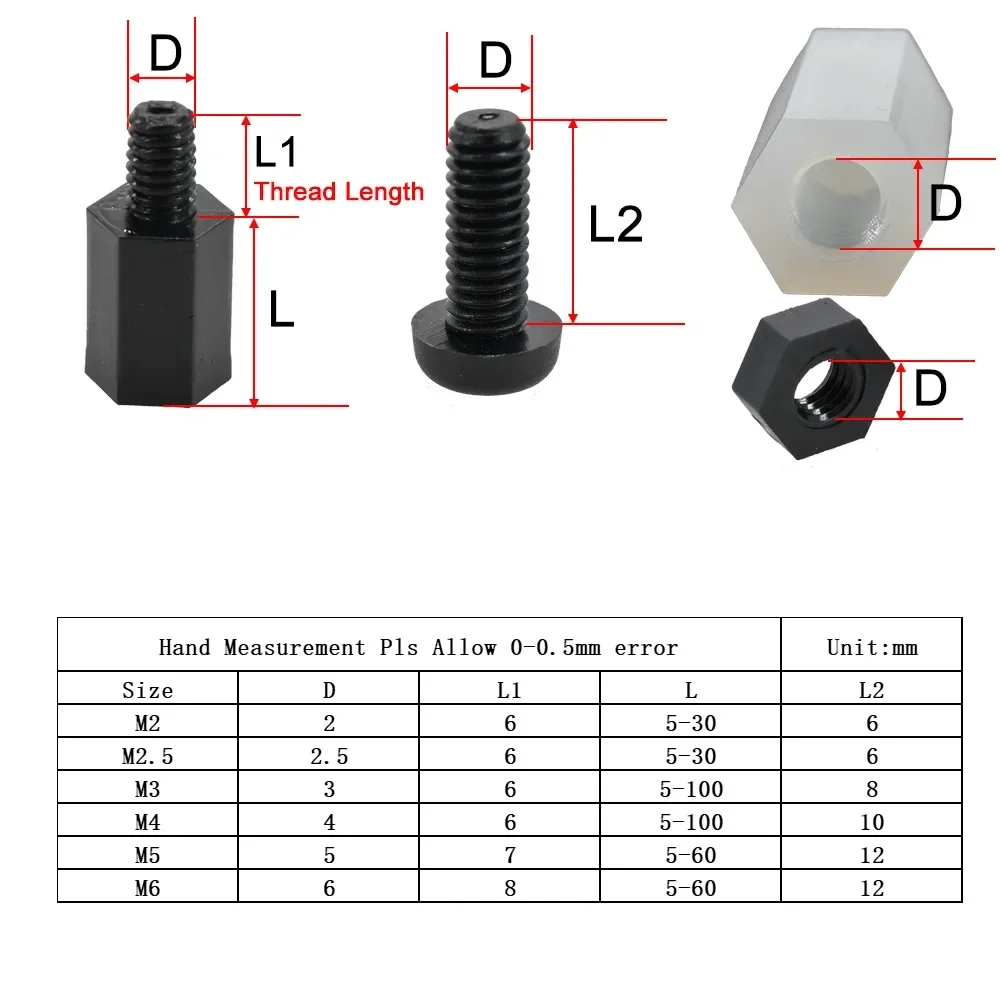 M2 M2.5 M3 M4 distanziatore in Nylon nero vite di spaziatura della scheda madre Set di dadi esagonali pilastri di supporto per PCB bordo Rack perno