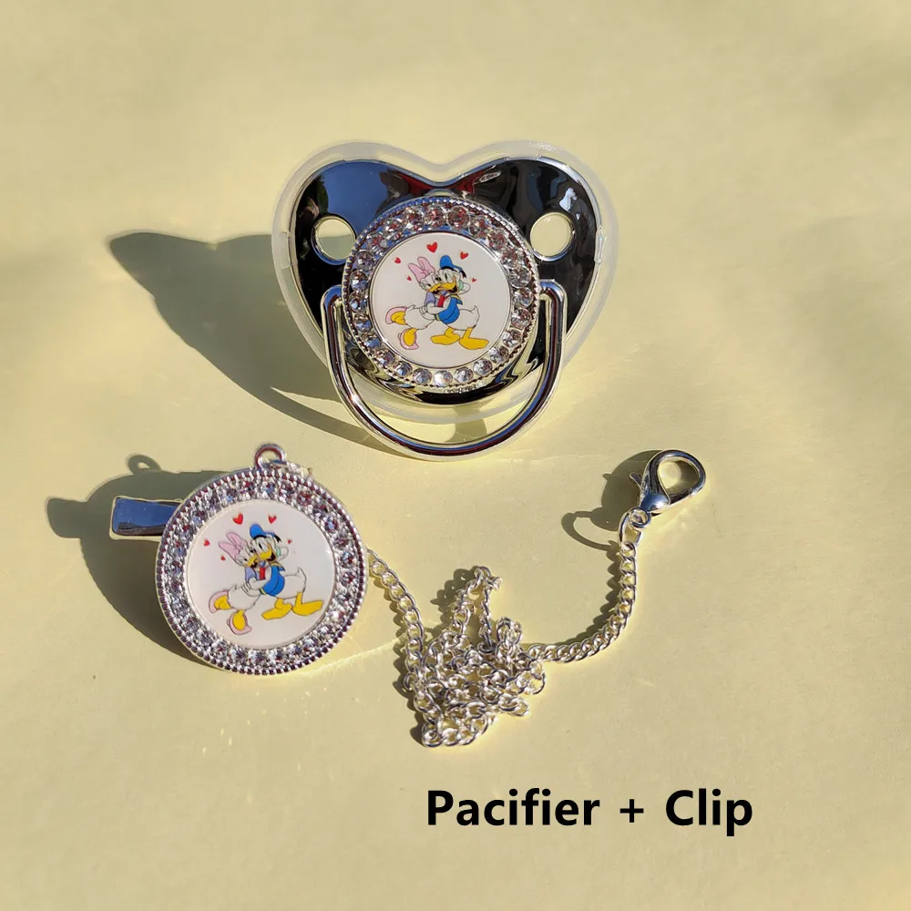 2022 New Baby Luxury Pacifier Cartoon Donald Duck Image Personalized Pacifier Chain Clip Set Toddler Newborn Nipples Baby Shower