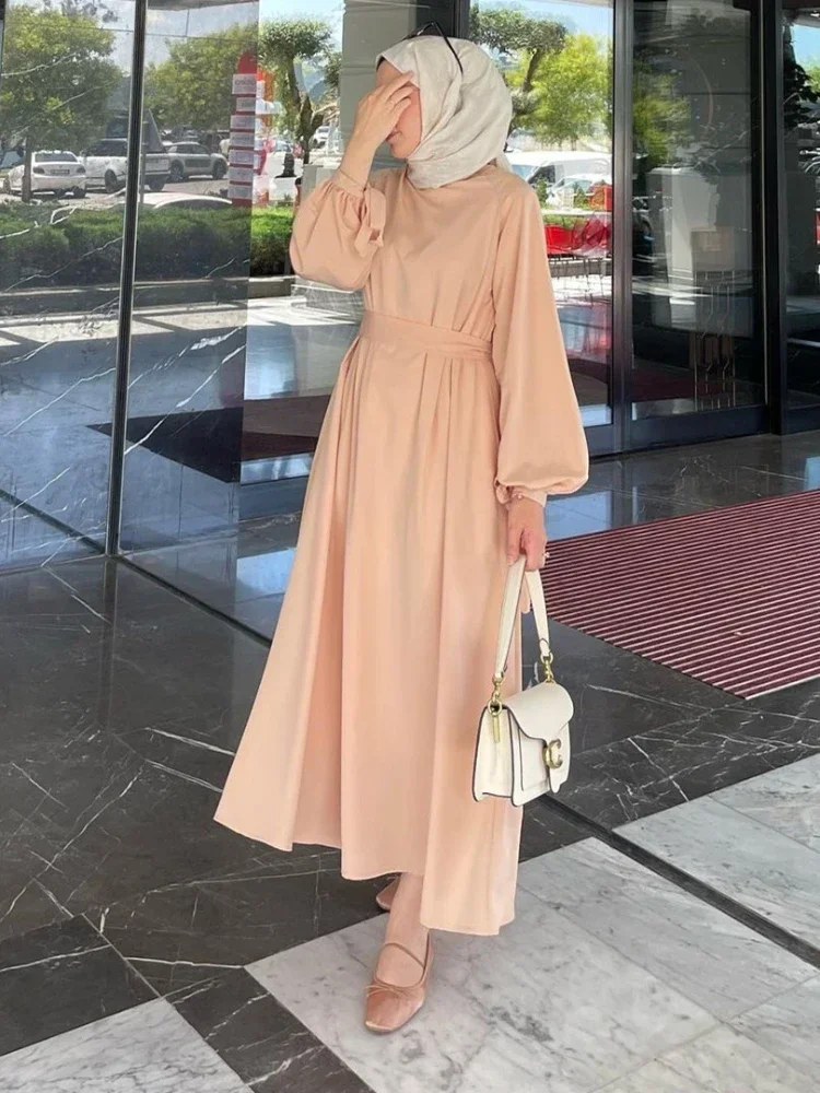 Vestido musulmán Eid para mujer Abaya Marruecos Ramadán con cordones Abayas Kaftan Islam manga acampanada sólido Dubai árabe modesto vestido largo