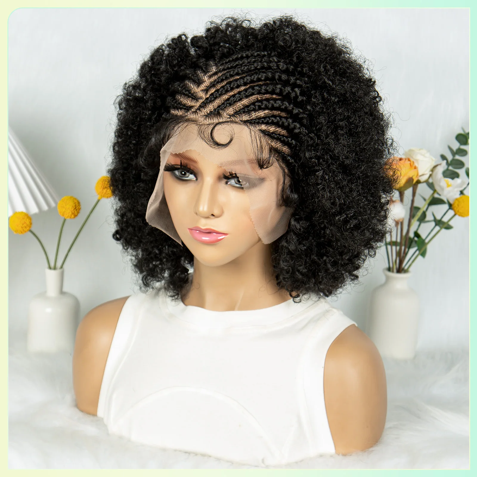 Afro kinky encaracolado trançado perucas com cabelo do bebê sintético completo laço trançado perucas com tranças de cornrow encaracolado trançado perucas para mulher