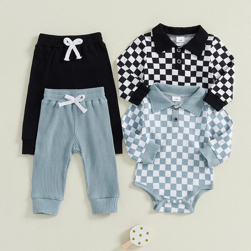 

Newborn Infant Baby Boys Fall Outfits Checkerboard Print Buttons Long Sleeve Rompers Solid Color Long Pants 2Pcs Clothes Set