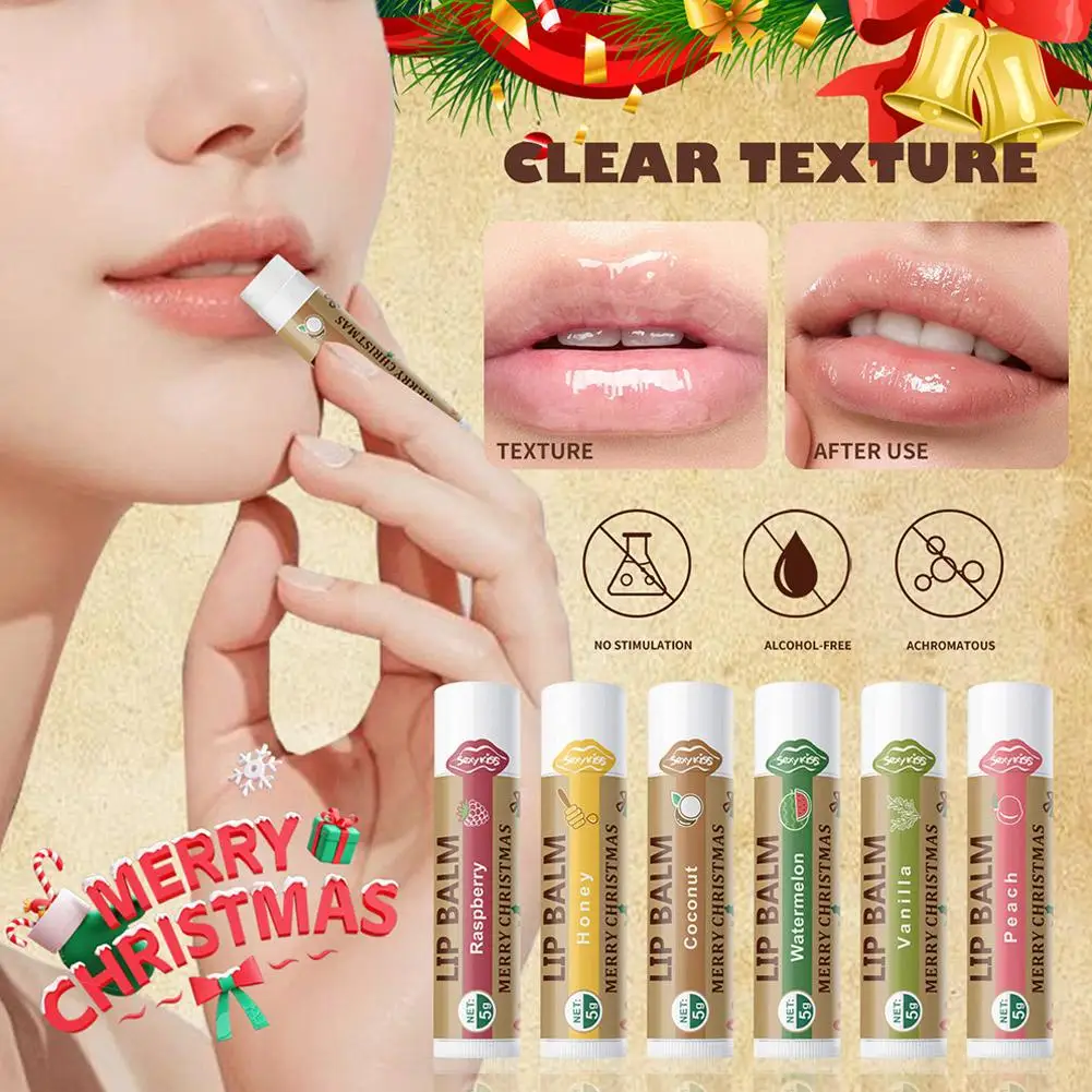 Zestaw 6 sztuk balsamów do ust na prezent świąteczny, błyszczący i nawilżający, odżywczy, zmiękczający martwy naskórek, odpowiedni do suchych ust, prezent dla kobiet.