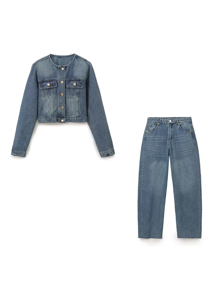 

KUCLUT Women Fashion 2 Piece Set Denim Blue Jackets With Pockets & Vintage Front Zipper Trousers Female Chic Lady Pants Sets