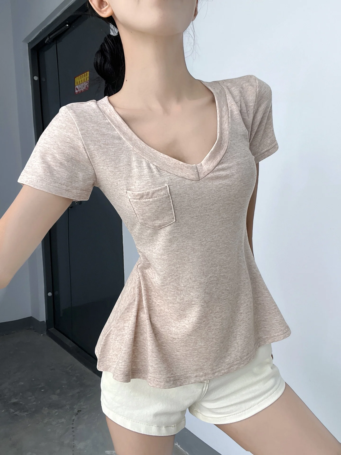

Slimming Effect Short Sleeve T-Shirt Women's Original Pure Desire Cool Waist-Cut V-Neck Lazy Summer Top Cotton Village