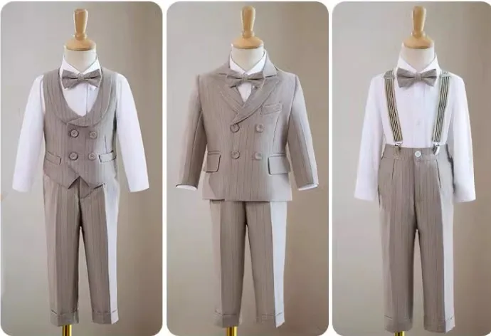 Kids Birthday Wedding Party Dress Performance Tuxedo Wear Boys Formal Ceremony Costume Children Elegant Khaki Photography Suit