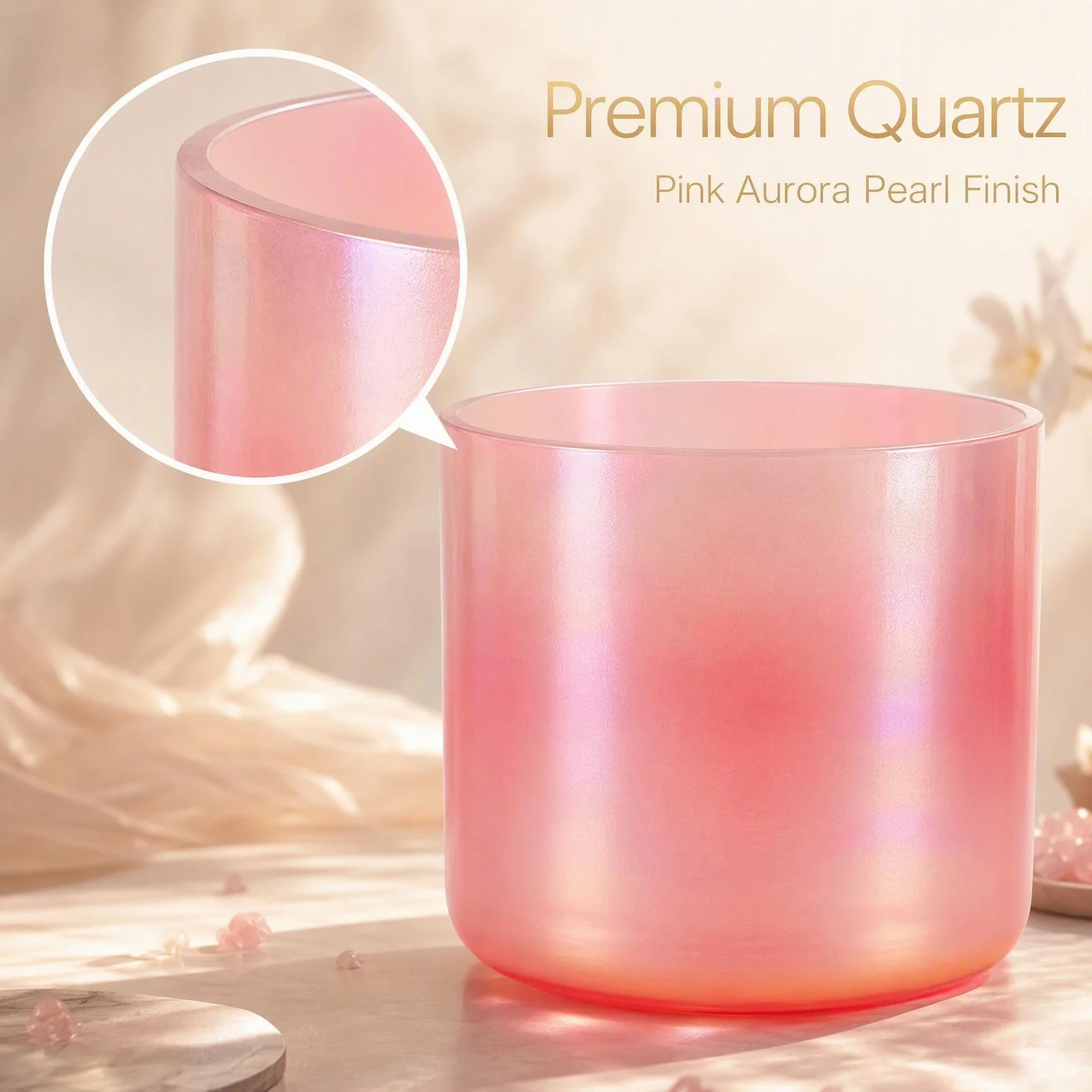 Pink Aurora Pearl Alchemy Quartz Crystal Singing Bowl Sound Healing Yoga Meditation Sound Bath Chakra Balancing with Mallet