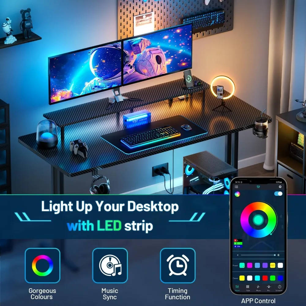 47 Inch Gaming Desk with LED Lights & Power Outlet, Computer Gamer Desk with Monitor Stand, Ergonomic Design, Cup Holder