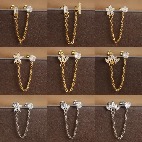 Stainless Steel Zircon Crown Stud Earrings For Women 18K Gold Plated Double Studs Chain Tassel Piercing Earring Fashion Jewelry