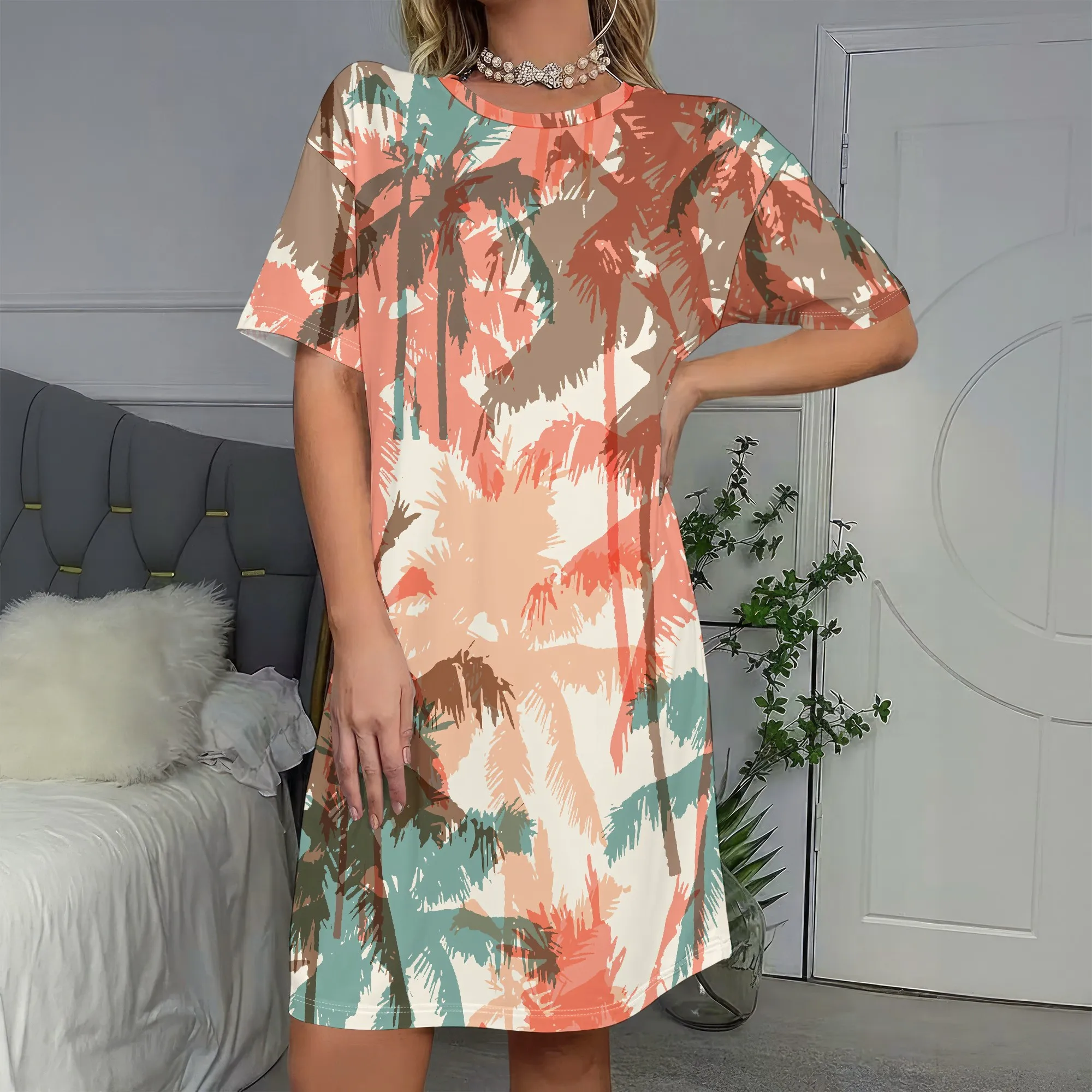 

Tropical Palm Tree Print Dress, Short Sleeve Loose Fit, Boho Beach Cover Up, Summer Vacation Sundress for Women, S-2XL