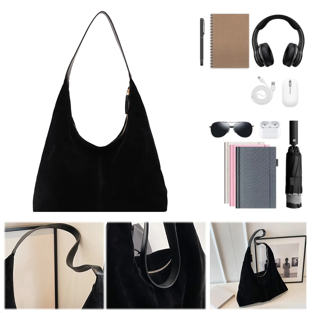 

Women Suede Tote Bag with Zipper Hobo Bag Large Capacity Underarm Bag Solid Slouchy Bag Commuter Travel Bag