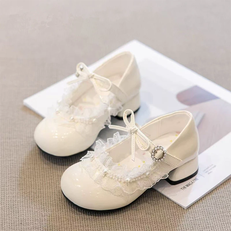 Girls High Heeled Shoes Princess Chic Lace with Pearls Beading Bow-knot Kids Mary Janes for Party Wedding Soft High Heels Sweet