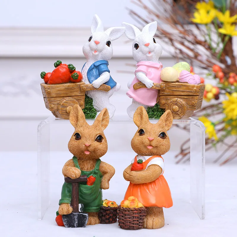 1set Easter New Cute Little Rabbit Cart Creative Garden Rabbit Ornament Decoration Horticultural Craft Decoration