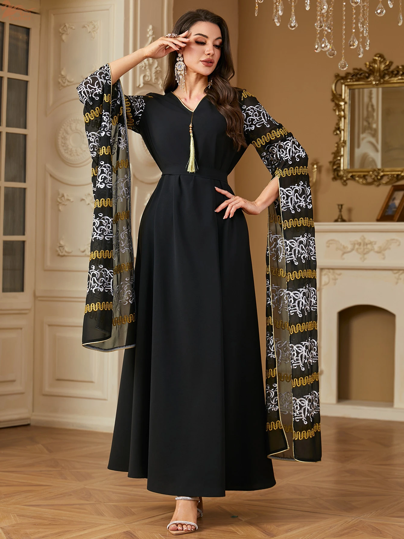 New In Dress Rhinestone Patchwork Floral Print Islamic Long Dress Muslim Dubai Turkey Arab Elegant Abaya For Femme 2024 
