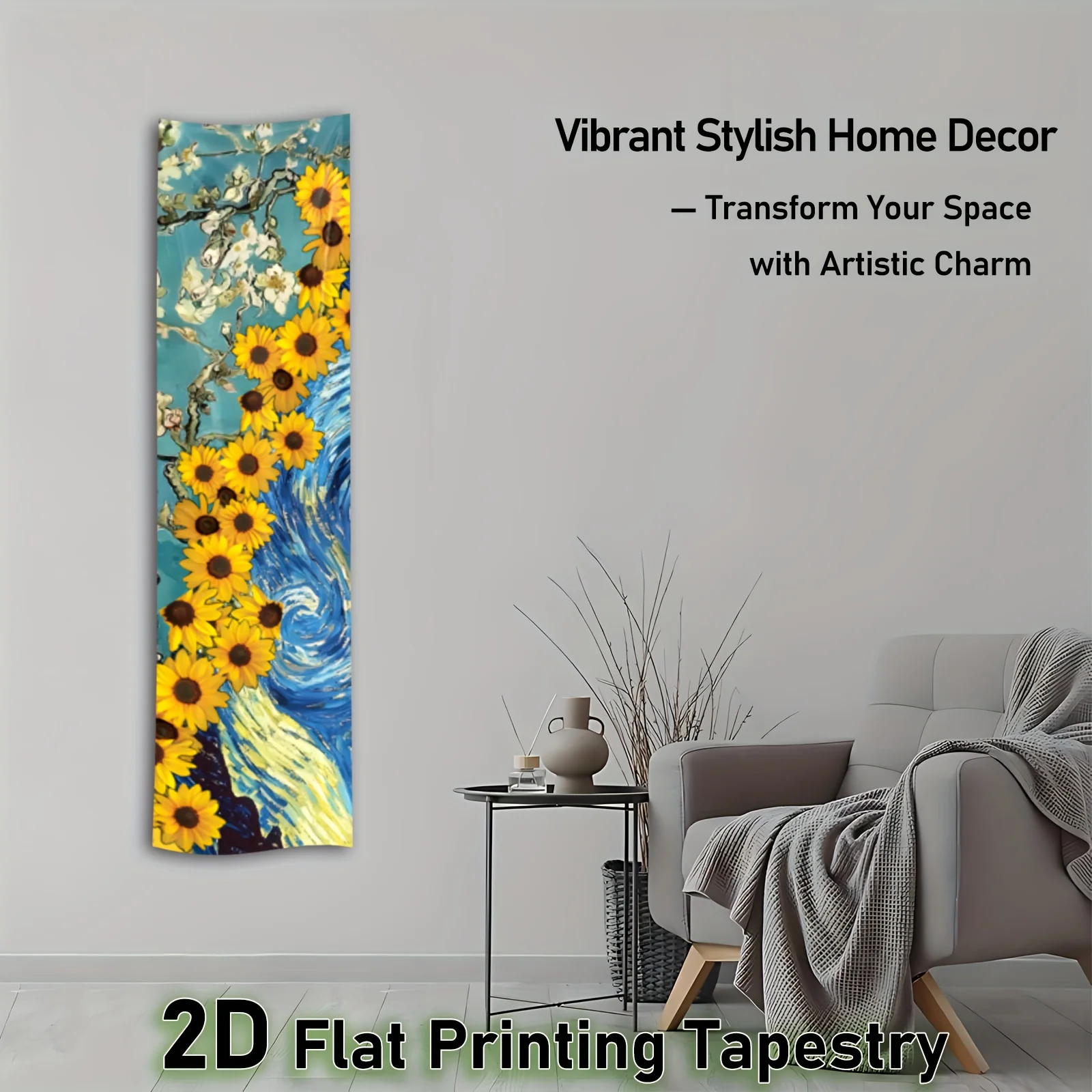 Tapestry Blanket Large Wall Tapestry Printed Blue Tapestry | Mysterious Yellow Sunflower Vertical Tapestry, Van Gogh Oil