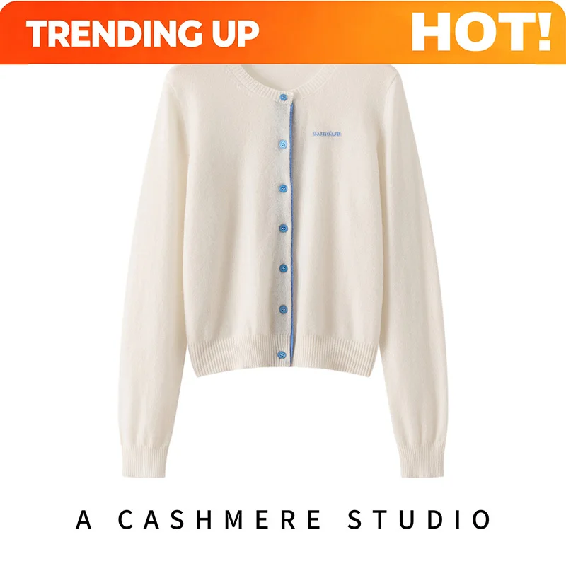Customization Autumn Winter 100% Cashmere Cardigan Women's Round Neck Knitted Hand Embroidered Letter Sweater Base Shirt Color B