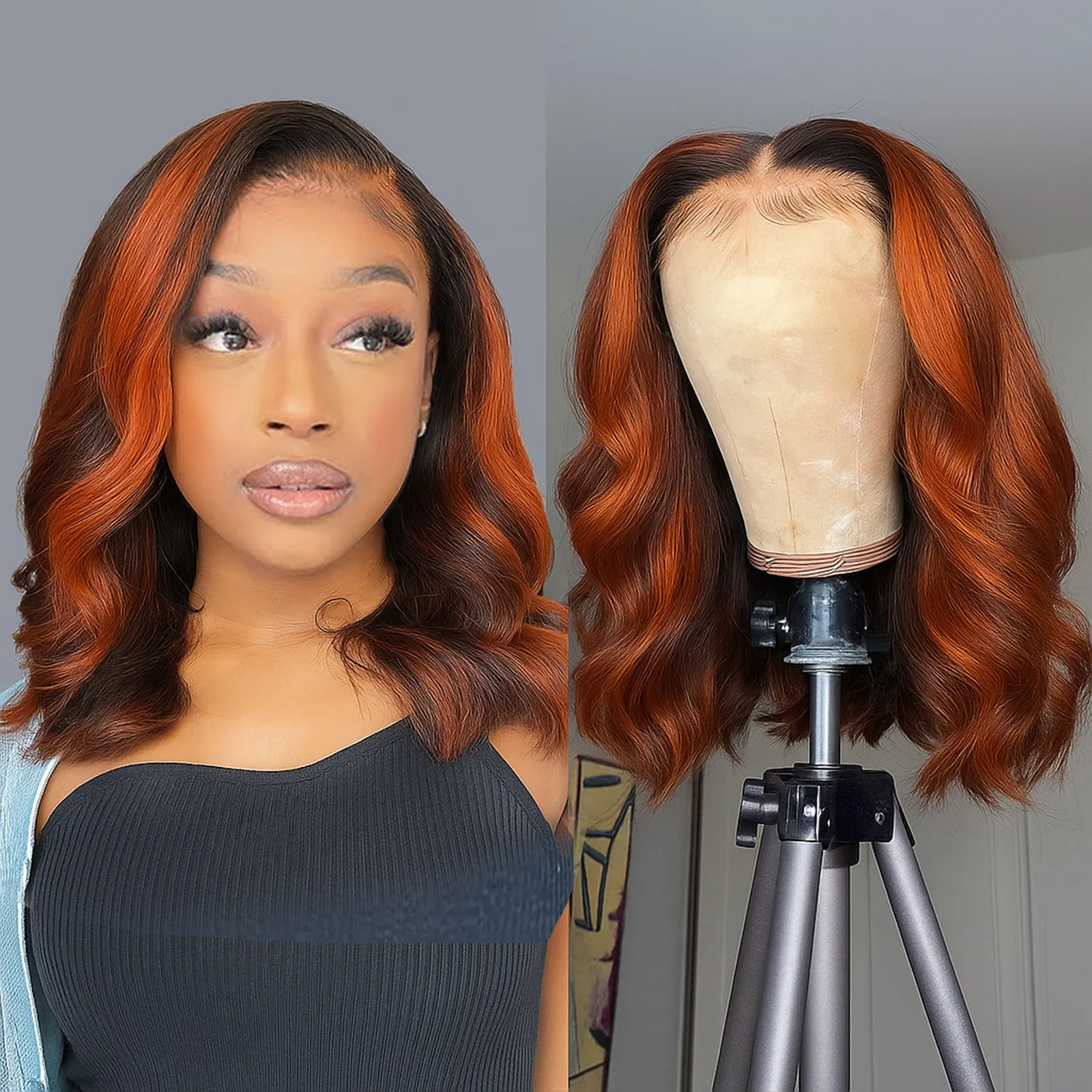 P4/350 تسليط الضوء على قصيرة بوب الباروكات البرازيلي 13x4 HD الدانتيل شعر مستعار أمامي الجسم موجة الشعر البشري 5x5 الدانتيل غلويليس إغلاق شعر مستعار أومبير الزنجبيل #1