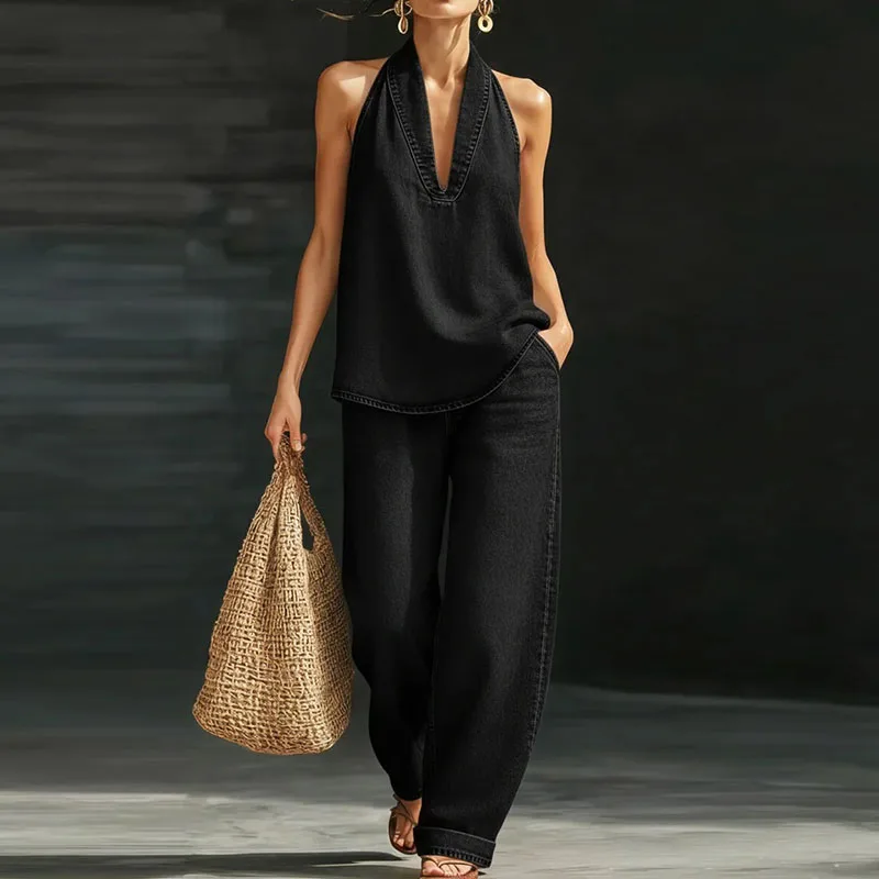 

Temperament Halter Sleeveless Denim Vest&Pants Sets Fashion Backless Women's Commute Outfits Summer Casual Hollow Out Two Piece