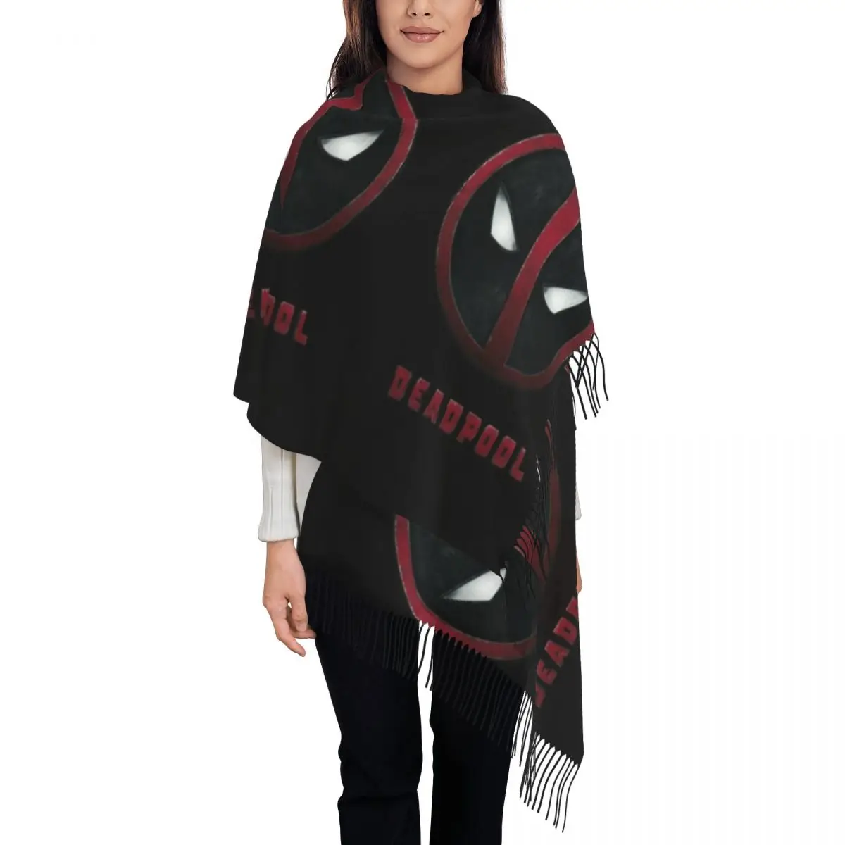 

Custom Female Long Deadpool Logo Scarves Women Winter Fall Soft Warm Tassel Shawl Wraps Scarf