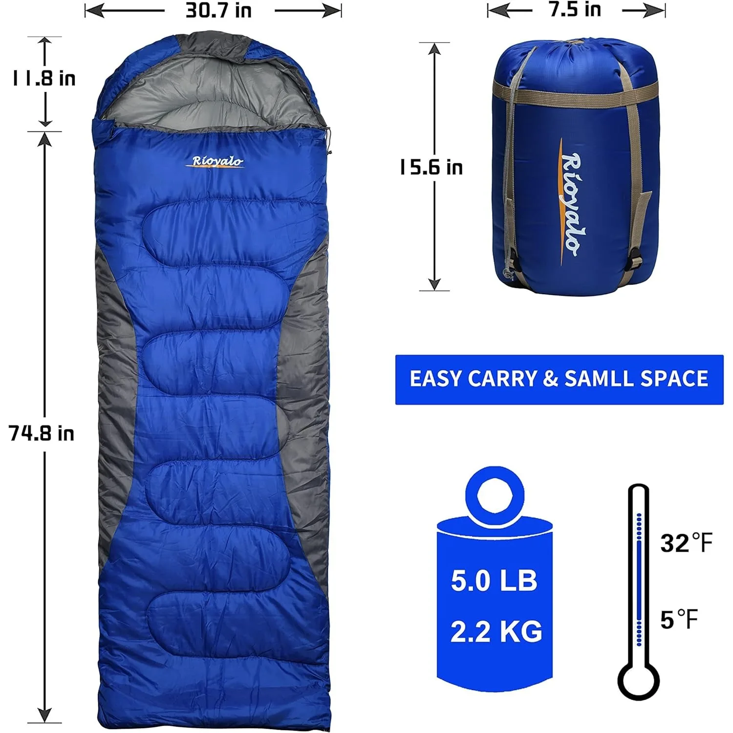 0 Degree Winter Sleeping Bags for Adults Camping (450GSM) - Temp Range (5F–32F) Portable Waterproof Compression Sleeping Bags