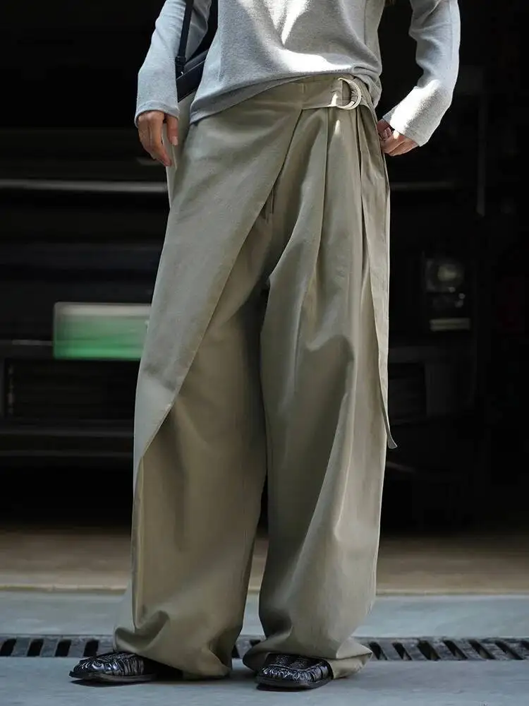

Waist Army High Green Irregular Pleated Long Wide Leg Pants New Trousers Women Fashion Spring Autumn 2026 TVAH