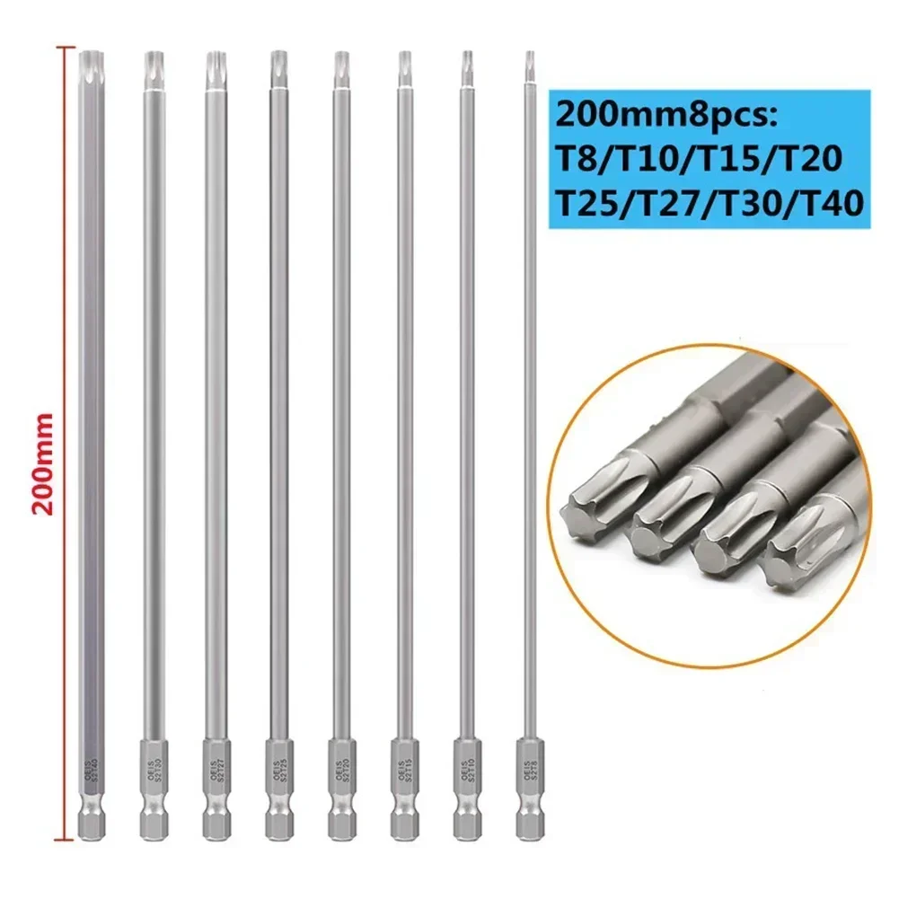 8Pcs 200mm Torx Head Screwdriver Bit Set Steel T8/T10/T15/T20/T25/T27/T30/T40 Long Drill Bits 1/4\