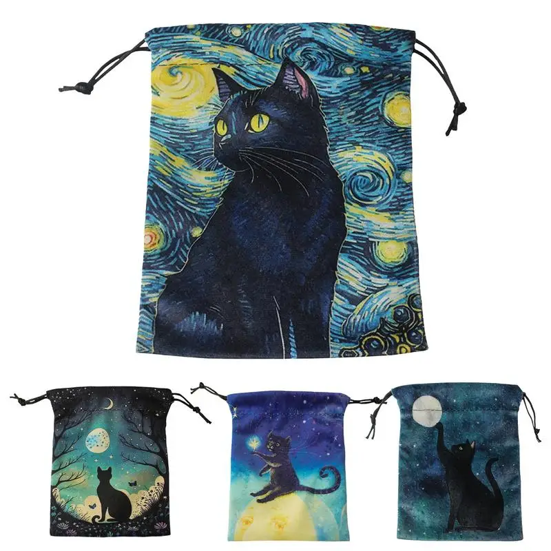 Velvet Tarot Oracle Cards Storage Bag Black Cat Tarot Pouch Dice Rune Pouch Crystal Stone Organizer Jewelry Bag Witch Divination