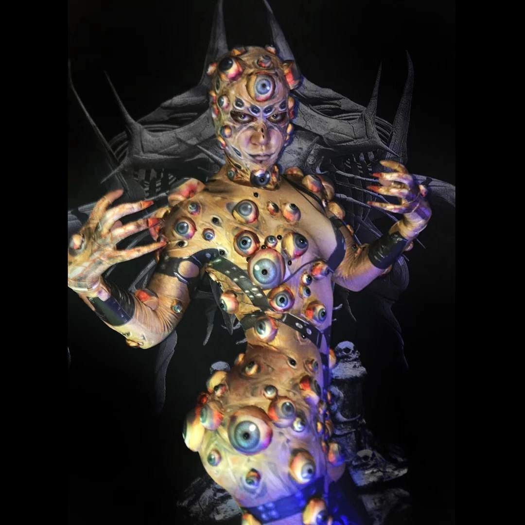 

Комбинезон для косплея на Хэллоуин, 4 шт., готический стиль, 3D принт глаз, узкие брюки, перчатки, головные уборы, носки, вечерние бальное платье yanjing