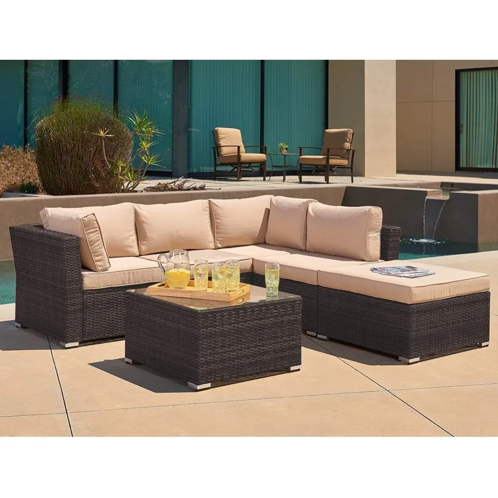 

6-Piece Patio Furniture Set 83" X 81" Outdoor Sectional Sofa 5 Seats Rattan Wicker Conversation Sets With Ottoman Garden