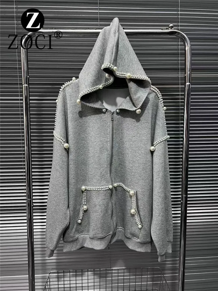 [ZOCI] 2024 Early Autumn New Cool Series Heavy Industry Nail Bead Loose And Versatile Zipper Cardigan Gray Hooded Sweatshirt