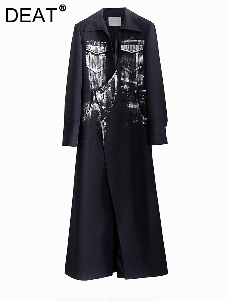 DEAT 2024 primavera 2024 nuove donne Navy spacco irregolare lungo Blazer con scollo a v manica lunga vestibilità ampia stampa giacche moda marea 1