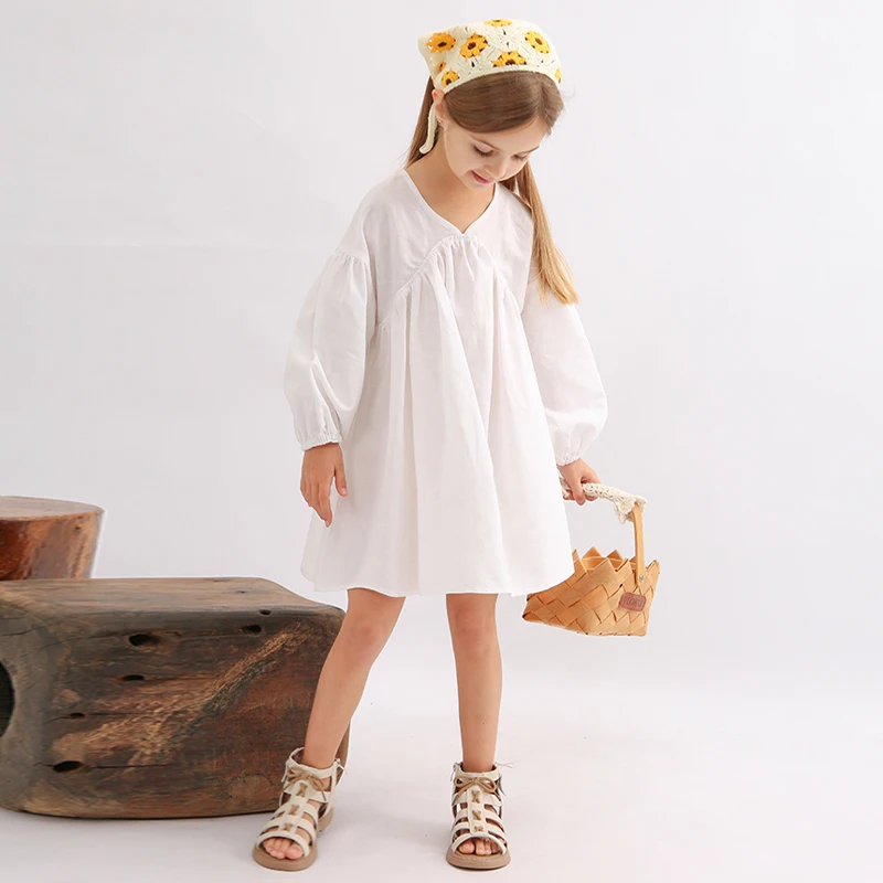 Girls White Cotton And Linen Dress Spring New Baby Girl V-Neck Casual Loose Linen Long-Sleeved A-Line Dress Doll Princess Dresse