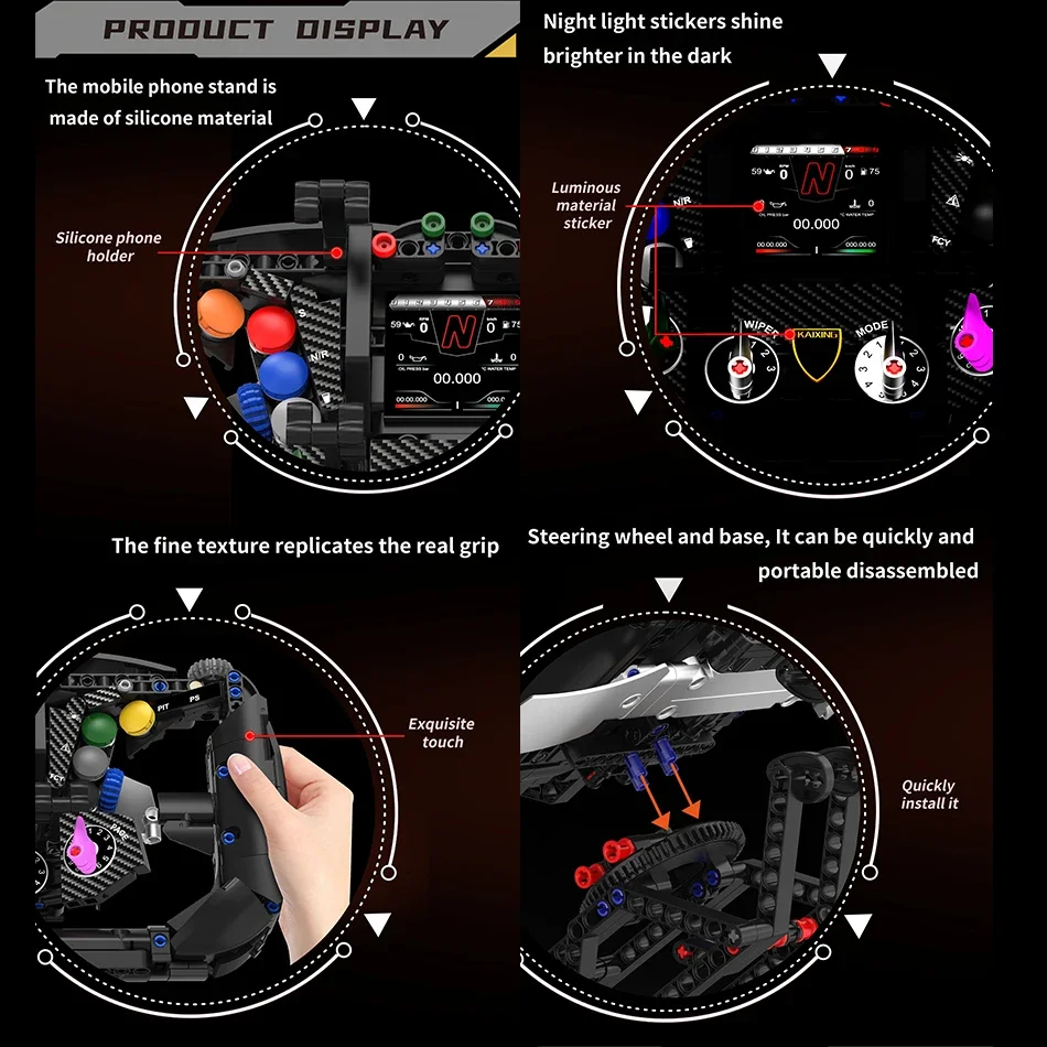 MOC Technical Classic Racing Simulator Steering Wheel Building Blocks Creative Mobile Phone Holder Bricks Toy for Adult Kid Gift