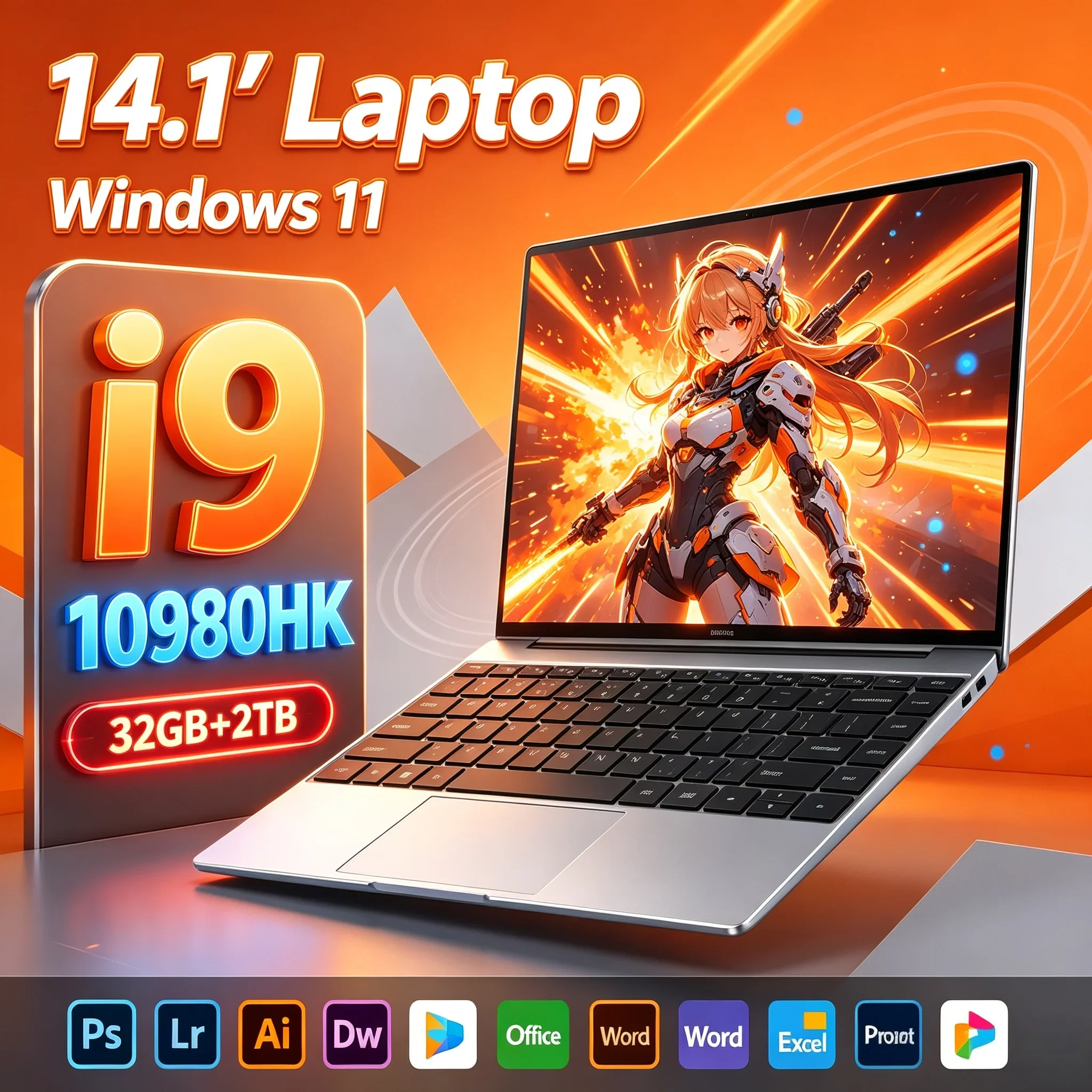 14.1'' Ultra‑thin Portable Laptop Intel I9‑10980HK 32GB RAM 1TB 2TB SSD HD Screen Windows11 Notebook PC For Home Office Student