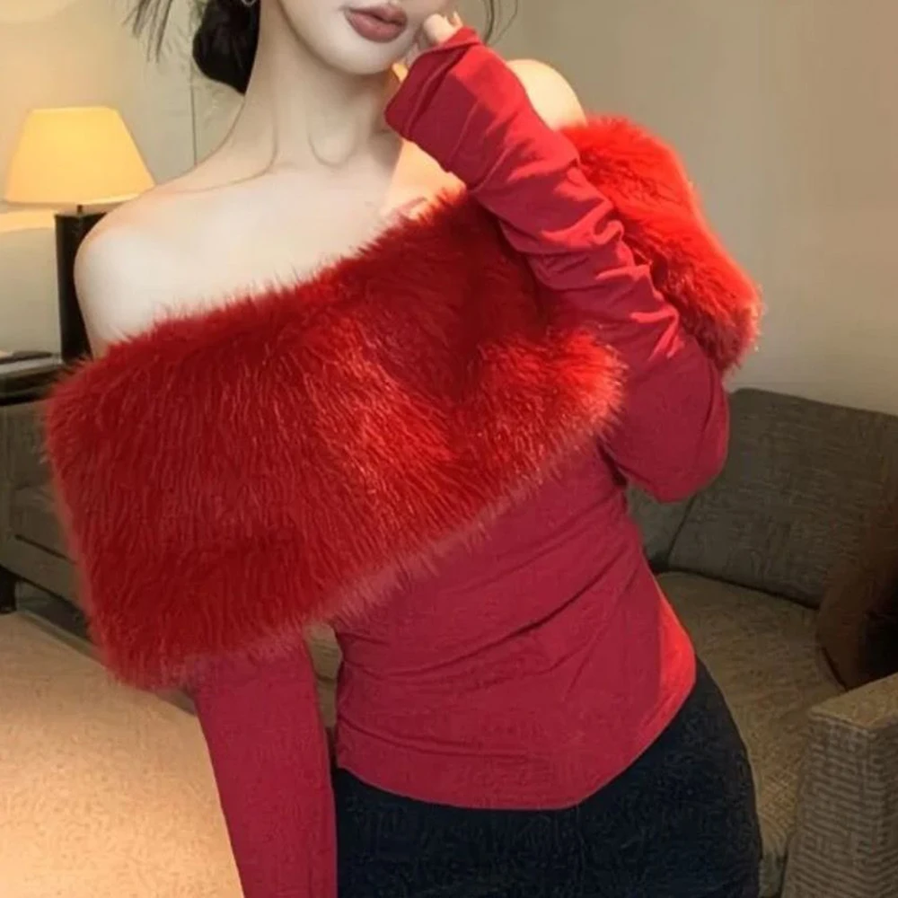 

Red one-word shoulder fluffy long-sleeved t-shirt for women autumn body, thin, pure desire sexy short inner top
